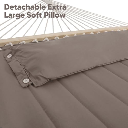 SUNCREAT 55 Inch Extra Large Double Hammock with 12 ft Stand, 475lbs Capacity, Outdoor Portable Hammock with Hardwood Spreader Bar, Extra Large Pillow, Brown - color: Brown, size: 12 ft Stand