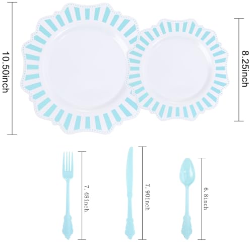 COLOSUS 150pcs Disposable Blue and White Striped Easter Plastic Party Plates and Silverware set, Light Blue Dinner/Dessert Plates silverware serve 30guests for Birthday, New Year and Daily use. - color: white+light blue