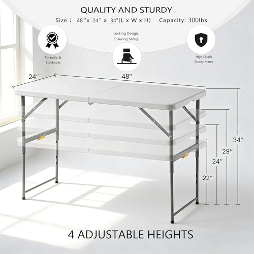 4FT Heavy Duty Folding Table, Fold-in-Half Portable Plastic Utility Table with Carry Handle & Adjustable Height Locking Legs, Indoor Outdoor Table for Watch Party, BBQ, Picnic, Camping, Events, Dining - color: White, size: 4FT