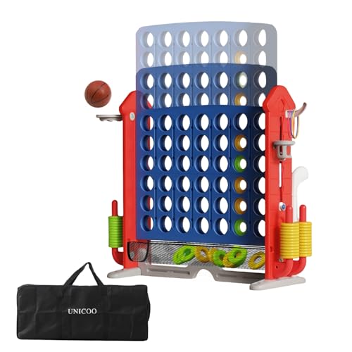 UNICOO Adjustable Height Giant 4-in-a-Row Game with Carry Bag, 4-in-1 Jumbo 4-to-Score Yard Game with Basketball Hoop, Ring Toss & Golf Set, Indoor Outdoor Family Party Game for Kids & Adults - color: Red & Blue