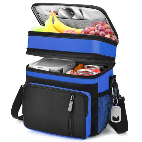 Lunch Box & Lunch Bag for Men Women, Large Insulated Adult Lunch Box, Leakproof Cooler Lunchbox with Bottle Opener for Work Picnic Beach, 16L, Sapphire Blue - color: Blue & Black