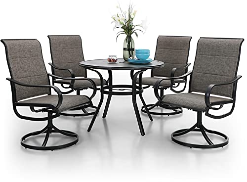 PHI VILLA Patio Dining Set 5 Piece, 4 Padded Textilene Swivel Patio Chairs and 1 Round Metal Table with 1.57" Umbrella Hole, All Weather Resistant for Lawn Garden - color: Brown Padded Fabric, size: 37.8"Dia x 28.7"H-Metal-5 Piece