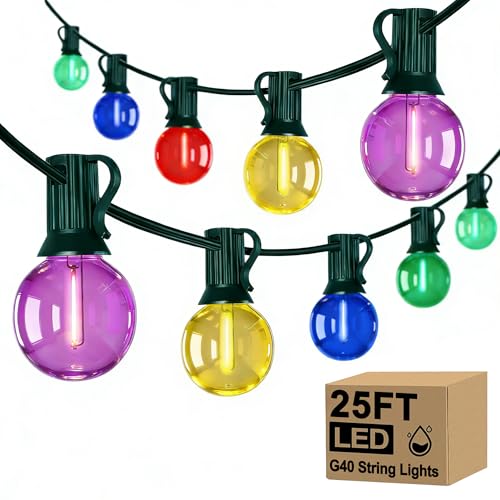 25Ft LED Christmas Outdoor String Lights, G40 Globe Lights with 27 0.6W Clear Multicolor Bulbs, Vintage Christmas Lights for Holiday Party Backyard Wedding Garden Patio Porch Decor, Green Wire - color: Clear Multicolor, size: 25Ft