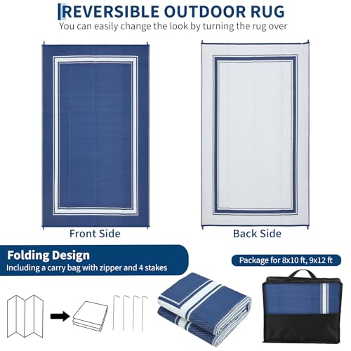 GarveeHome Outdoor Patio Rug 9x12 Waterproof Reversible Outdoor Plastic Straw Rug Bordered Patio Rugs Carpet RV Mat for Deck Backyard Patio RV Camping Beach with 4 Stakes and Portable Bag, Navy&White - color: Border|navy, size: 9' x 12' (Rectangular)