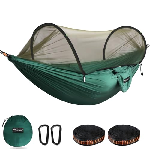 Chihee Ultra-Light Travel Camping Hammock Pop-up Net Hammock 660lbs Load Capacity,Breathable,Quick-Drying Parachute Nylon 2 Premium Carabiners,2 Tree Slings Included for Outdoor Backpacking Hiking - color: Dark Green