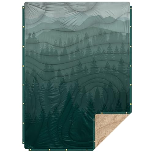 Outdoor Camping Blanket with Sherpa Lining, Extra Warm Thick Camp Blankets and Puffy Ultralight Soft Poncho DWR Camping Quilt for Cold Weather, Adventure, Sleeping, Backpacking 78"x 56" - color: Pale Green, size: 78 x 56 inches