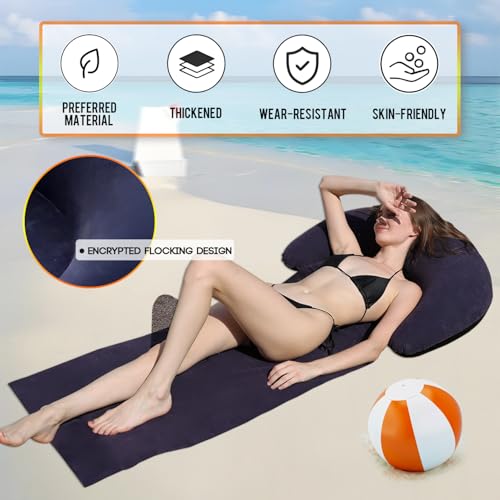 Inflatable Beach Mat Lounge Chair, Outdoor Sunbathing Sleeping Pad with Inflatable Pillow, Portable Flocking Beach Lounge Chair, Suitable for Lawn, Outdoor Camping, Travel, Beach Vacation (Navy) - color: Navy