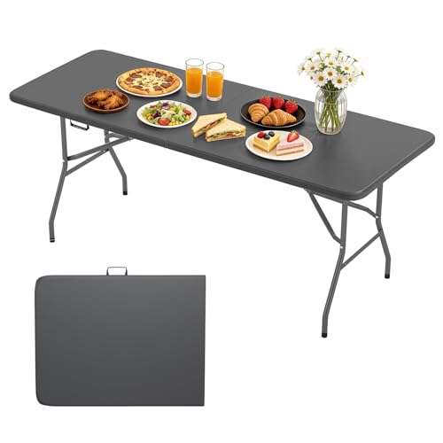 BestOffice 6 FT Picnic Table, Portable Plastic Folding Table with Carrying Handle Perfect for Picnics, Parties, Party and Camping, Grey - color: Grey, size: 6 FT 70"x28"