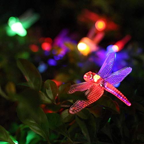 Dragonfly Solar String Lights Outdoor 25.6FT 30 LED Waterproof Solar Powered Fairy Lights, 8 Modes Decorative Lights for Patio Garden Yard Fence Wedding Christmas Party, Multicolor - style: Dragonfly