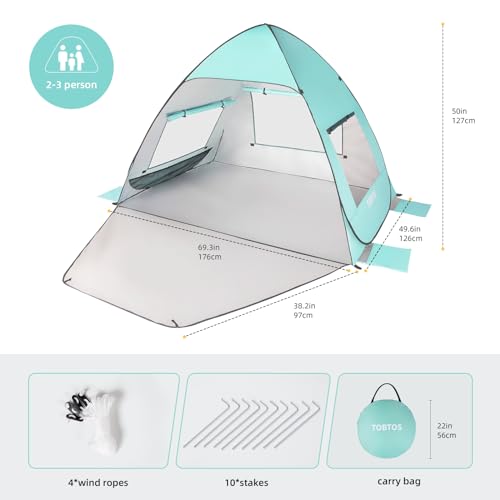 TOBTOS UPF 50+ Pop Up Beach Tent, Easy Set Up Beach Umbrella, Sun Shelter for 2-3 People UV Protection Portable Sunshade, Baby Canopy Cabana, Lightweight with Carry Bag - style: Mint Green for 2-3 Person