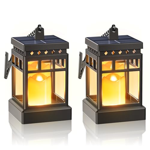 KOOPER Solar Lanterns Outdoor Waterproof, 2 Modes Hanging Solar Lantern with LED Realistic Flickering Flameless Candle, Candles Lanterns Lights Decorative for Outside Hanging Patio Yard Table Tree - style: 2 Pack