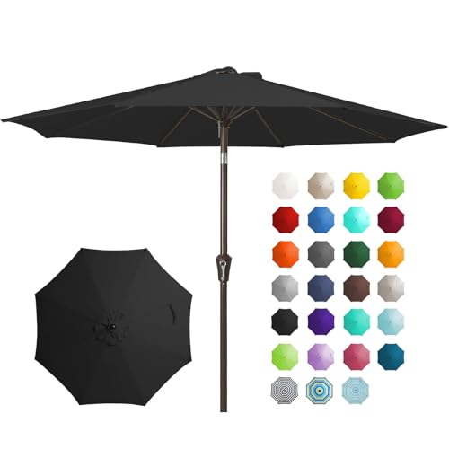 JEAREY 9FT Outdoor Patio Umbrella Outdoor Table Umbrella with Push Button Tilt and Crank, Market Umbrella 8 Sturdy Ribs UV Protection Waterproof for Garden, Deck, Backyard, Pool (Black) - color: Black