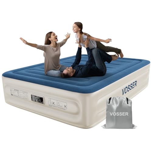 VOSSER Queen Air Mattress with Built-in Pump, Extra Thick Blow Up Mattress, Leak-Proof Air Bed with Storage Bag, Flocked Top Inflatable Mattress for Home, Camping & Guests，660lbs，Gift for Mom - color: Blue, size: Queen 15''(Standard Height)