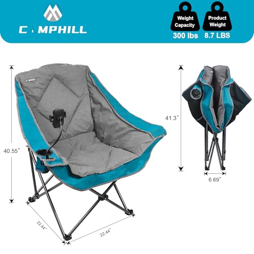 Folding Camping Chair,Oversized Portable Camping Chair with Cup Holder and Phone Holder,Heavy Duty Padded Lawn Chair for Camping,Tailgates,Beach,and Sports,Lake Blue - color: Lake Blue-ph