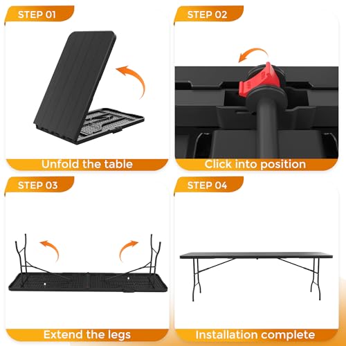 8 Ft Plastic Folding Table,Heavy Duty Portable Table for Indoor & Outdoor,Wood Grain Desktop & 400lbs Weight Capacity,Premium Solutions for Camping,Picnic,BBQ and Party - size: 8 ft (1-Pack) - Black