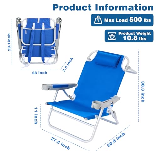 SUNNYFEEL Extra Wide 28" Low Beach Chair 5 Position Lay Flat, XL Oversized Portable Folding Camping Chairs with Cup Holder for Outdoor/Trip, Lightweight Foldable Backpack Beach Chair for Adults - color: Navy Blue, size: 1-PACK