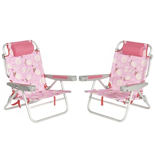 SUNNYFEEL Extra Wide Low Beach Chair 2 Pack 5 Position Lay, XL Oversized Portable Folding Camping Chairs with Cup Holder for Outdoor/Sand, Foldable Backpack Beach Chair for Adults Heavy Duty 500 LBS - color: Pink Lemon, size: 2-PACK