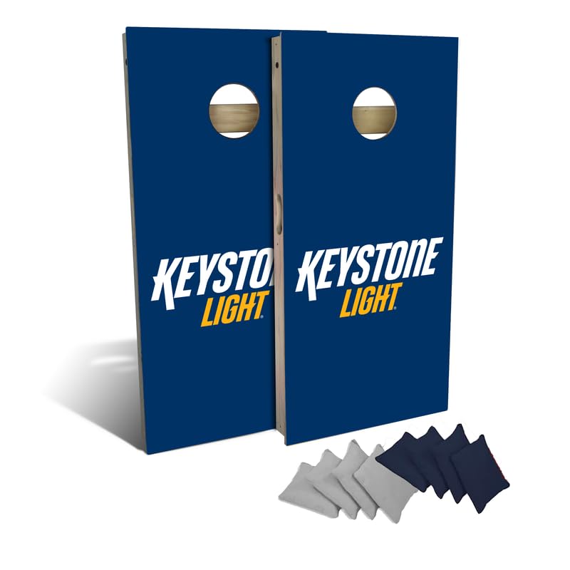 Slick Woody's Professional-Grade Cornhole Boards - 4'x2' Solid Wood Regulation Man Cave + Beer Branded Corn Hole Toss Game with 8 Resin Filled Bags - color: Keystone Light Blue