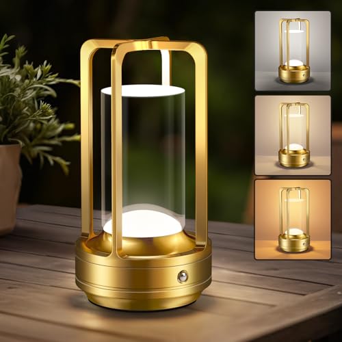 Rechargeable Table Lamp for Outdoor Indoor: Cordless Portable Table Lamps with 3 Color Stepless Dimmable - LED Metal Battery Operated Lantern - Small Table Lamp for Bedroom/Bar/Coffee Shop/Camping - color: Gold