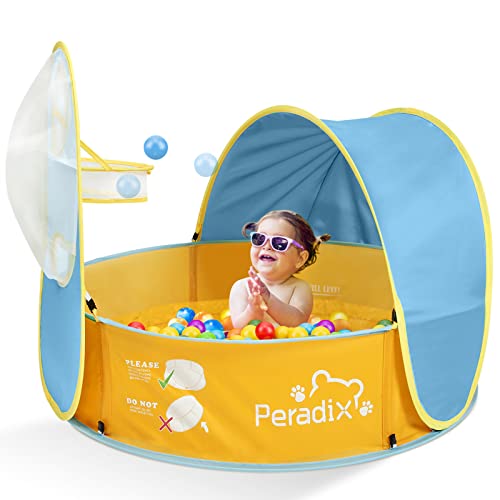 Peradix Paddling Pool for Kids & Pets, Kids Ball Pit Tent 3 in 1, Pop Up Wading Pool Tent with UV Protection Sunshade Canopy Basketball Hoop, Portable Beach Backyard Toys for Indoor Outdoor Activity - color: Blue-yellow