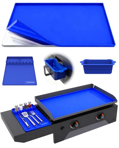 KITCHEN PERFECTION Ultimate Kit for Blackstone Griddle 28 Inch - Silicone Griddle Cover Mat + Griddle Accessories Mat + 2 PCS Silicone Grease Cup Liners Hermetic Protection from Rust & Debris All Year - color: Classic Blue 28" Ultimate Kit