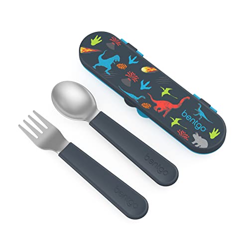 Bentgo Kids Stainless Steel Utensil Set - Reusable Fork, Spoon & Storage Case, PFAS- & BPA-Free, Easy-Grip Handles, Lightweight, Dishwasher Safe, School Lunch, Travel & Outdoors (Dinosaur) - color: Dino