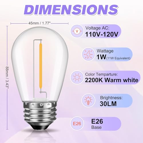 GvvooHome 15 Pack Shatterproof S14 LED Replacement Bulbs for Outdoor String Lights, 1W Equivalent to 11W Incandescent Bulb, Warm White 2200K, Dimmable, E26 Regular Medium Screw Base - size: 15 Count
