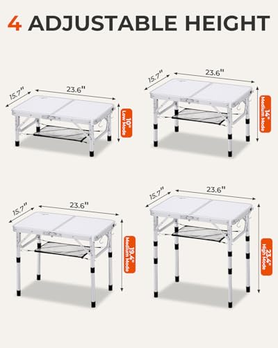 Sportneer Camping Table: Adjustable Height Small Folding Table 23.6" L x 15.7" W 4 Height with Mesh Layer - Compact & Portable Camping Essentials for Outdoor Camp Garden Picnic BBQ Dining Cooking - color: White, size: 23.6"L x 15.7"W (4 Height)