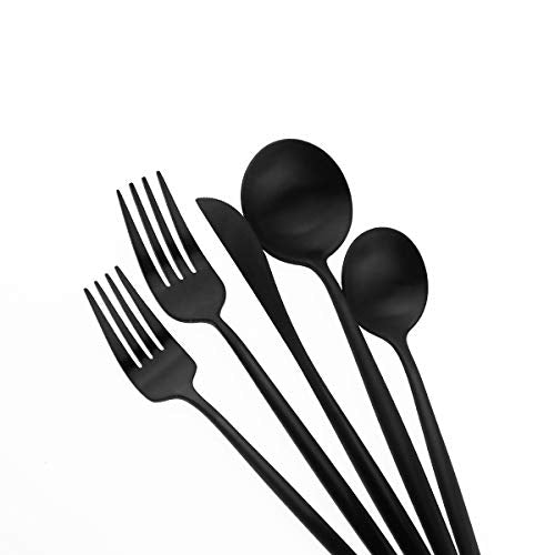 Matte Balck Silverware Set,Gugrida 5-Piece 18/10 Stainless Steel Satin Finish Flatware Set,Kitchen Utensil Set,Tableware Travel Cutlery Set for Camping Office or School Lunch, Dishwasher Safe - color: Black, size: Service for 1