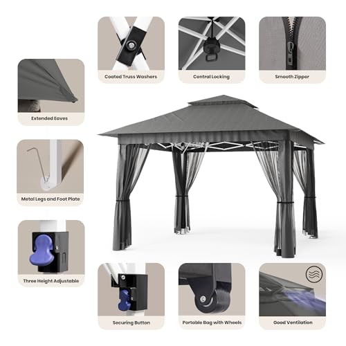 Bealife 11x11 Pop Up Gazebo Tent with Mosquito Netting, Instant Gazebo, Party Tent with Roller Bag, Pop Up Canopy Tent for Parties Patio Lawn Backyard Garden Deck, Grey - color: Gray