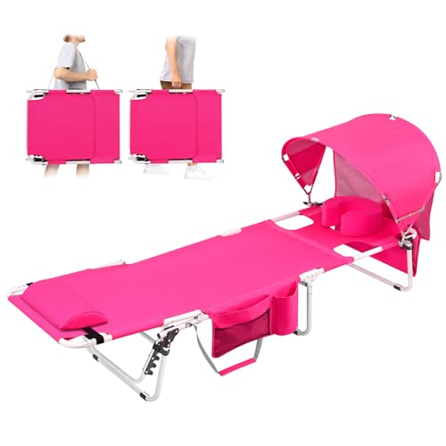 Oversized Extra Wide Tanning Chair with Sun Canopy Face Hole Padded Adjustable Washable, Heavy Duty Layout Folding Lounge Chair for Outside Beach Reading Sunbathing, UPF 50+, XL, Pink, 330 LBS - color: Pink, size: Oversized