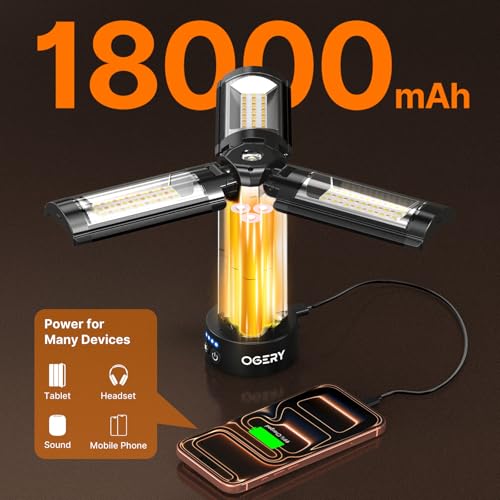 OGERY Camping Lights with Remote, 18000mAh Rechargeable Camping Lantern & LED Work Light, Detachable Tripod Stand up to 6.7 ft, 3 Lamp Heads for Camping Essentials & Emergency, Black - color: Black
