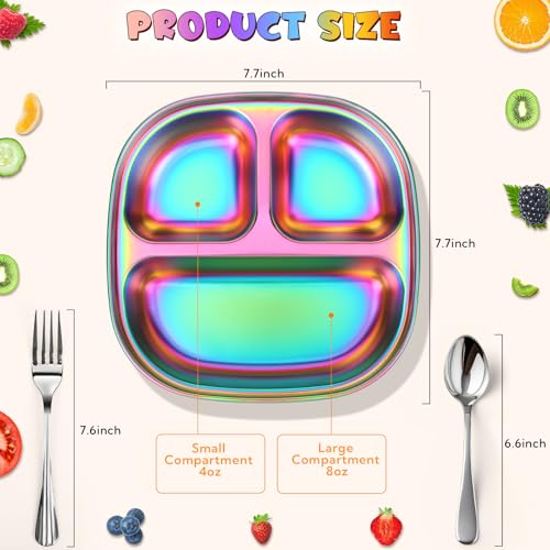 VZZNN 6 Pack Stainless Steel Kids Plates,Toddler Plate with Lid and Cutlery,Suitable for Family Gatherings, Kindergartens, Outdoor Activities and Travel(Colorful)