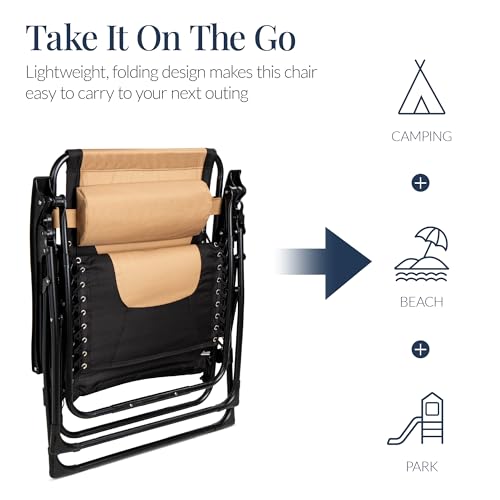 Best Choice Products Oversized Padded Zero Gravity Chair, Folding Outdoor Patio Recliner, XL Anti Gravity Lounger for Backyard w/Headrest, Cup Holder, Side Tray, Polyester Mesh - Tan - color: Black/Tan