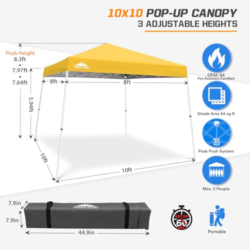 EAGLE PEAK 10x10 Slant Leg Pop-up Canopy Tent Easy One Person Setup Instant Outdoor Beach Canopy Folding Portable Sports Shelter 10x10 Base 8x8 Top (Yellow) - color: Yellow, size: 10x10