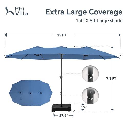 PHI VILLA 15ft Large Patio Umbrellas with Base, Outdoor Double-Sided Rectangle Market Umbrella for Pool Lawn Garden, Haze Blue - color: Haze Blue