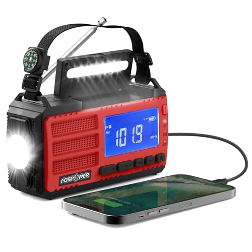 FosPower NOAA Emergency Weather Radio D8 37000mWh Portable Power Bank, AM/FM, USB/Solar/Hand Crank Charging, SOS Alarm & Flashlight for Indoor/Outdoor Emergency - Red - color: 09 - Model D8 - Red