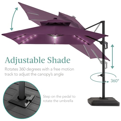 Best Choice Products 10x10ft Cantilever Patio Umbrella w/Base Included, Solar LED Lights 360 Rotation Large Offset Hanging Outdoor Shade for Deck Pool Backyard w/Stand – Amethyst Purple - color: Amethyst Purple, size: 10x10ft