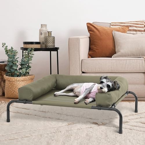 MoNiBloom Outdoor Elevated Dog Bed w/Removable Bolster, Portable Raised Outdoor Dog Bed with Stable Anti-Slip Feet & Breathable Mesh, 35.5 Inches Length, Dark Green - color: Dark Green, size: 35.5"L