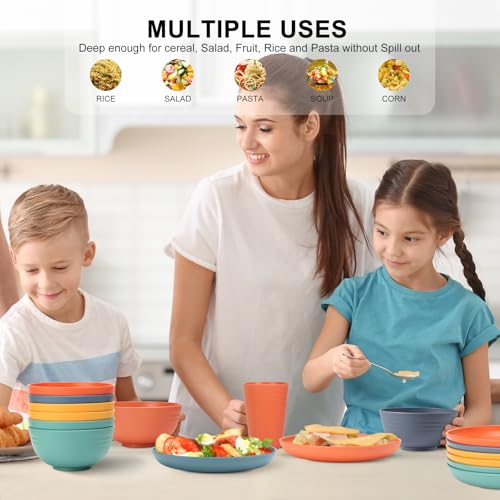 HOTEC 24-Pack Unbreakable Kitchen Plastic Wheat Straw Dinnerware Set – BPA-Free Plates, Bowls & Cups | Lightweight, Microwave & Dishwasher Safe | Multicolor Reusable Tableware for Home & Outdoor Use