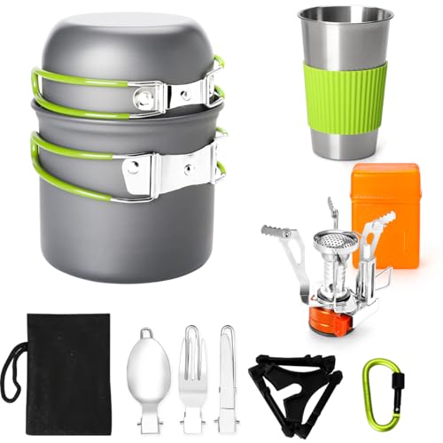 Gutsdoor Camping Cookware Set Camping Gear Campfire Utensils Non-Stick Cooking Equipment Lightweight Stackable Pot Pan Bowls with Storage Bag for Outdoor Hiking - style: 12pcs (Green)