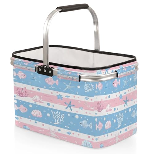Nautical Picnic Basket Stripe Ocean Large Collapsible Market Baskets Portable Reuasble Shopping Bags with Handles for Camping Beach Travel - color: Multi C