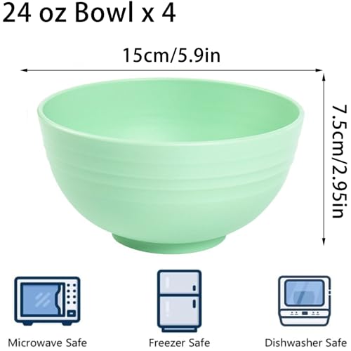 Unbreakable Wheat Straw Cereal Bowls Set of 4, 24 OZ Microwave and Dishwasher Safe Lightweight Soup and Salad Bowl Sets, Reusable Dessert Bowls for Rice, Pasta, Snack, Fruit, BPA Free (Green) - color: Green