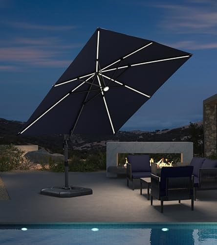 PURPLE LEAF 10 Feet Patio Umbrella Solar Powered LED Square Outdoor Cantilever Umbrella with LED Lights Aluminum Offset Umbrella with 360-degree Rotation for Garden Deck Pool Patio Navy Blue - color: Navy Blue, size: 10' X 10', style: Standard（LED）