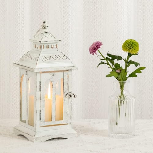 Lanterns Decorative Indoor & Outdoor, Medium Hanging Home Decor, Vintage Metal Decorative Candle Lanterns for Outdoor Patio Wedding Party White with Black Brush - color: White |||