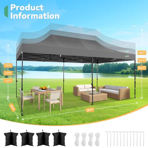 COBIZI 10x20 Heavy Duty Pop Up Canopy Tent with 6 Sidewalls Thicken Frame, Commercial Easy Up Outdoor Wedding Party Tents, All Season Waterproof Windproof with Stakes Sandbags Ropes Roller Bag, Gray - color: Gray, size: 10x20