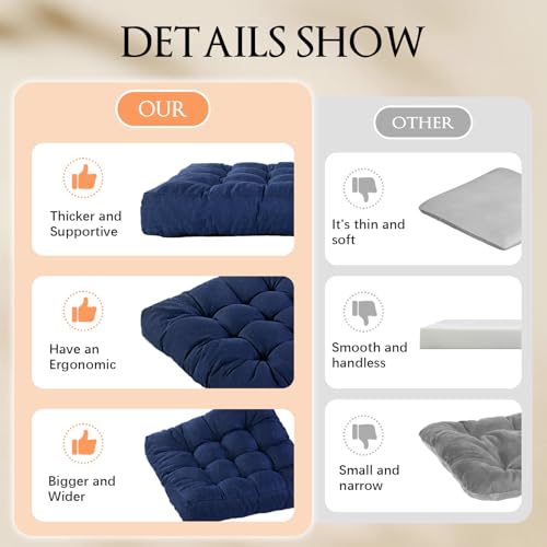 Meditation Floor Cushions Set of 2, Thickened Floor Pillow for Adults, Large Square Pillows Seat Cushion for Tatami Living Room Yoga, Memory Sponge Block Added, 22x22 Inch, Drak Blue