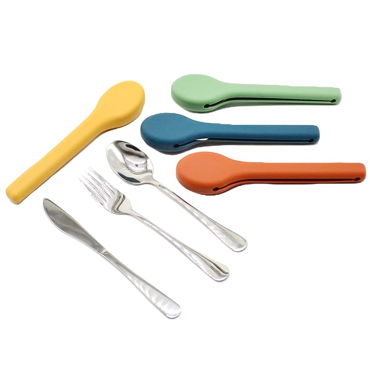 Portable Silverware Utensils Set with Silicon Case (Aqua Blue), 3 pcs Stainless Steel Cutlery Set (Fork Spoon Knife) For Camping School Picnic Office Travel - color: Aqua Blue