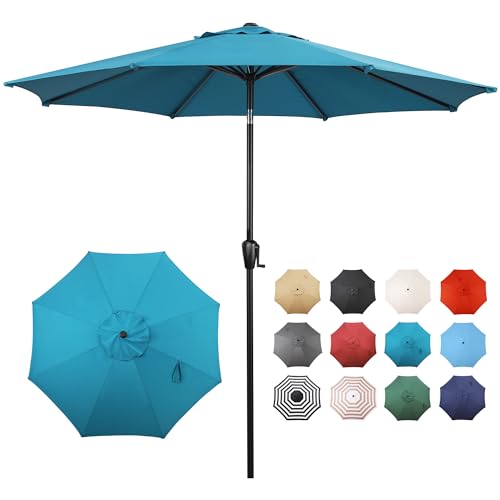 Sun-Ray 9' Round Patio Umbrella with Push-Button Tilt and Hand Crank Lift System, Market Umbrella for Porch, Deck, and Patio - color: Teal