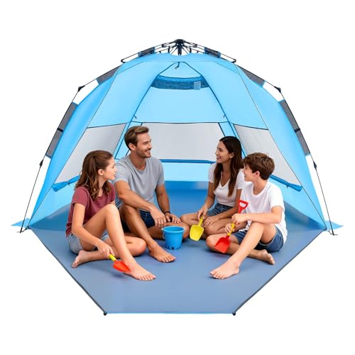 VEVOR Beach Tent Sun Shelter for 4 Person, Pop Up Beach Tent UPF 50+, Portable Sun Shade Beach with Carrying Bag and Sand Pockets, Easy Setup Umbrella for Camping Fishing Outdoor Picnic - size: 4 Person(Pop Up)